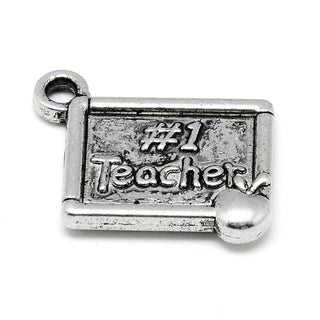 Dije Pizarra Escolar con Inscripción "Profesor Nº1" Tono Plata Envejecida 23.5x20mm | 5 uds