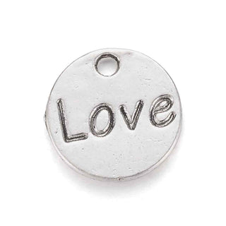 Dije Medallón Reversible Corazón y "Love" Tono Plata Envejecida 14mm | 7 uds
