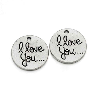 Dije Medallón Redondo con Inscripción "I Love You" Tono Plata Envejecida 20mm | 3 uds