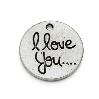 Dije Medallón Redondo con Inscripción "I Love You" Tono Plata Envejecida 20mm | 3 uds