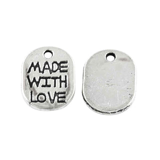 Mini Dije Ovalado de Placa con Inscripción "Hecho con Amor" en Tono Plata Envejecida para Bisutería de Autor y Etiquetas de Calidad Hechas a Mano, 11x8.2 mm - 16 uds