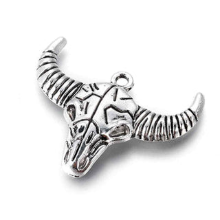 Dije Cabeza de Buey Tótem con Cuernos Tono Plata Envejecida 28x36mm | 4 uds