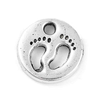 Dije Medalla Circular Huellas de Pies de Bebé Caladas Tono Plata Envejecida 11mm | 10 uds