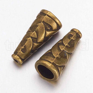 Tapas de cuentas estilo tibetano, cono con diseño imitando tejido, 18x18x8 mm.