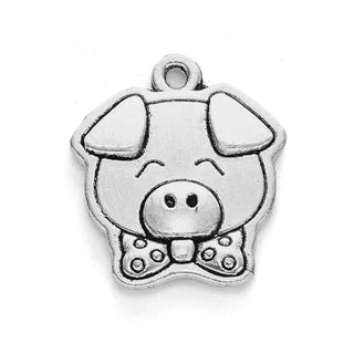 Dije Cerdo Carita Feliz con Corbatín Tono Plata Envejecida 16x13mm | 5 uds