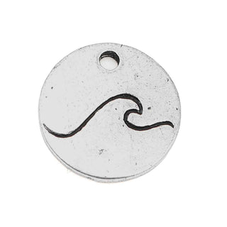 Dije Medallón Circular Minimalista con Ola Marina Grabada Tono Plata Envejecida 12mm | 4 uds