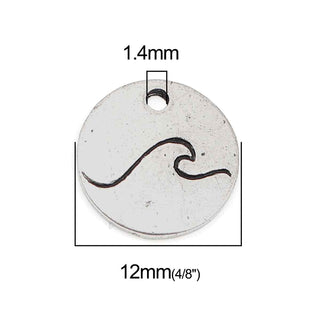 Dije Medallón Circular Minimalista con Ola Marina Grabada Tono Plata Envejecida 12mm | 4 uds