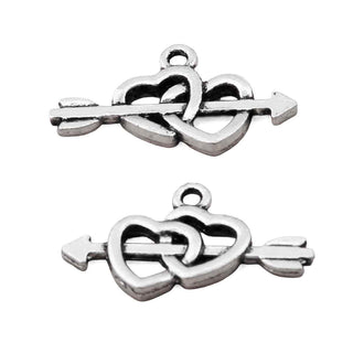 Dije Corazones Entrelazados Calados con Flecha de Cupido Tono Plata Envejecida 22x12mm | 12 uds