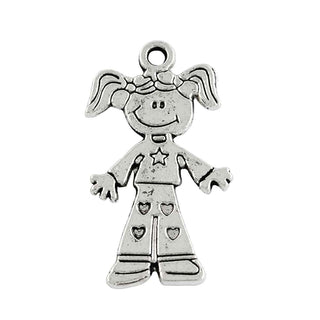 Dije Niña con Coletas y Detalles de Estrella y Corazones Tono Plata Envejecida 27.5x15mm | 5 uds
