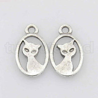 Colgantes estilo tibetano, oval, gato, 15x9x2 mm.