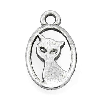 Dije Gato en Marco Ovalado Calado Tono Plata Envejecida 15x9mm | 7 uds