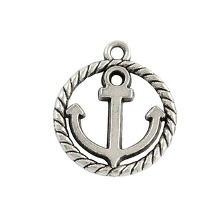 Dije Ancla Marinera Calada en Marco de Soga Náutica Tono Plata Envejecida 18x15.5mm | 5 uds
