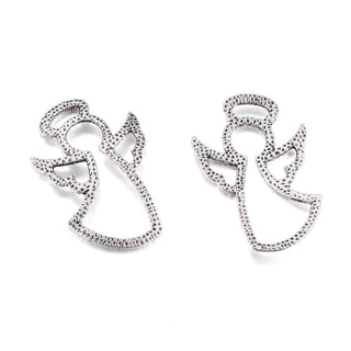 Dije Ángel de Silueta Lineal Calada con Textura Martillada y Pasador Integrado Tono Plata Envejecida 34x22mm | 5 uds