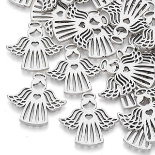 Dije Ángel con Corazón y Túnica de Franjas Caladas Tono Plata Envejecida 27x27.5mm | 2 uds