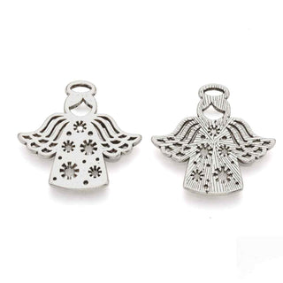Dije Ángel con Túnica de Estrellas Caladas y Reverso Estriado Tono Plata Envejecida 27x27.5mm | 2 uds