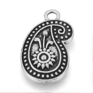 Dije Gota Paisley con Flor Central y Cenefa de Puntos Tono Plata Envejecida 23x13mm | 4 uds
