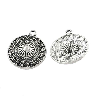 Dije Mandala Redondo con Relieves Radiales y Cenefa de Puntos Tono Plata Envejecida 25x21mm | 4 uds