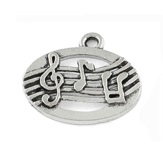 Dije Pentagrama Ovalado con Clave de Sol y Notas Musicales Tono Plata Envejecida 17.5x19.5mm | 8 uds