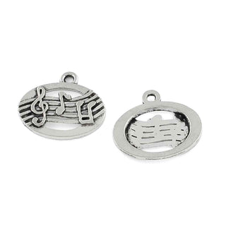 Dije Pentagrama Ovalado con Clave de Sol y Notas Musicales Tono Plata Envejecida 17.5x19.5mm | 8 uds