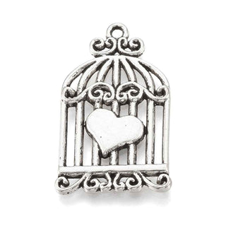 Dije Jaula de Pájaros con Corazón Tono Plata Envejecida 33.5x20.5mm | 6 uds