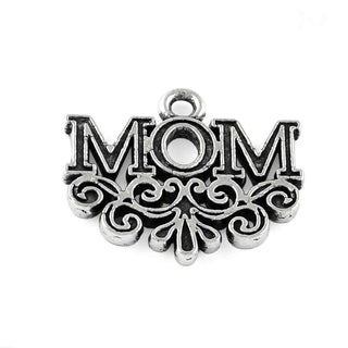 Dije Palabra Mom (Mamá) con Volutas Decorativas Tono Plata Envejecida 17x20mm | 6 uds
