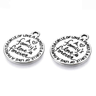Dije Redondo "El Amor de la Familia es para Siempre" Estilo Tibetano Tono Plata Envejecida 20x17x1mm | 8 uds