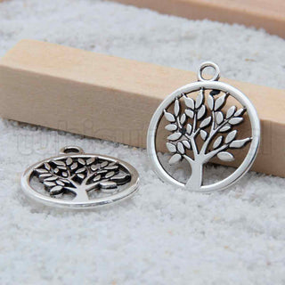 Colgantes de aleación, redondo plano con árbol de la vida, 20x17x1 mm.