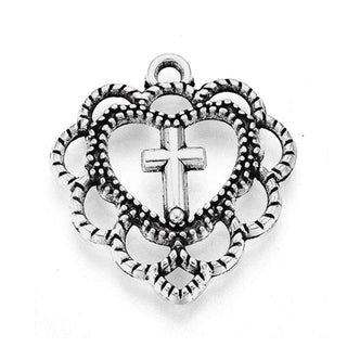 Dije Corazón con Cruz Estilo Tibetano Tono Plata Envejecida 21.5x20x3mm | 6 uds