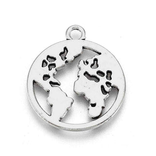 Dije Redondo Mapa Mundi Estilo Tibetano Tono Plata Envejecida 21x18x1mm | 8 uds