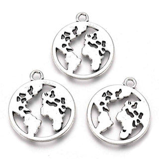 Dije Redondo Mapa Mundi Estilo Tibetano Tono Plata Envejecida 21x18x1mm | 8 uds