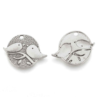 Dije Redondo Pareja de Pájaritos Estilo Tibetano Tono Plata Envejecida 24.5x28x1.5mm | 4 uds