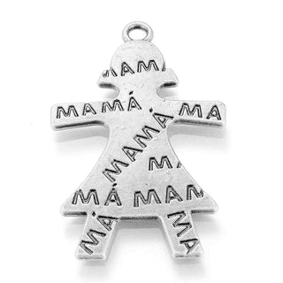Maxi Dije Figura de Mujer con Palabra MAMÁ Estilo Tibetano Tono Plata Envejecida 50x32x2.5mm | 1 ud