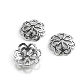 Casquete de Abalorio Flor Calada Pétalos Gota Doble Aleación Tono Plata Envejecida | 12 uds
