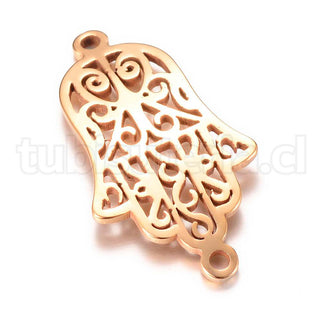 Mano de Fátima o Hamsa, conector/enlace de acero inoxidable 201, color platino u oro, 27×14.5x1 mm.