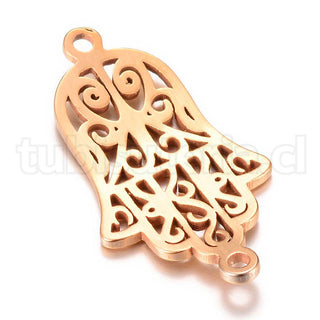 Mano de Fátima o Hamsa, conector/enlace de acero inoxidable 201, color platino u oro, 27×14.5x1 mm.