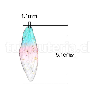 Colgante de resina, alas de libélula con aplicación de papel aluminio, 3 colores para seleccionar, 51x16 mm.