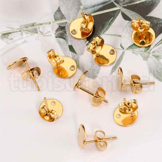 Pendientes de aro de acero inoxidable 304, de base redonda plana de 8 mm, con tuercas o tope de aro, pin 0.8 mm.