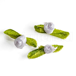 Flores de tela pequeñas, satín, para aplicaciones diversas, besitos, varios tonos para seleccionar, tamaño aproximado 20x6mm.