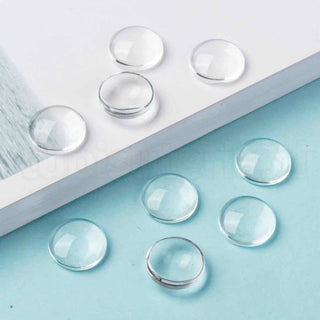 Cabujón de vidrio transparente, cúpula con base plana, varios tamaños.