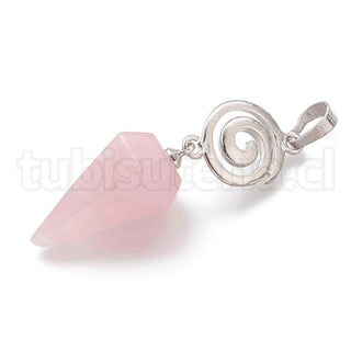 Péndulo de cono, piedras naturales, Cuarzo rosa, con broche de latón color platino, 5 diseños para seleccionar.