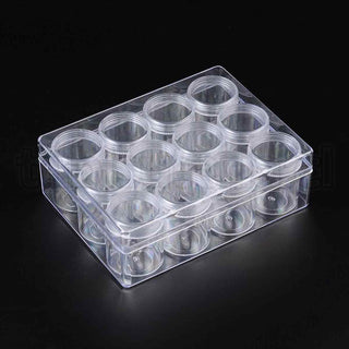 Caja con recipientes de plástico transparente para almacenamiento, caja 16×12,2×5,5 cms, frasco 3.9x5.2 cms, 12 unidades de frascos el set.