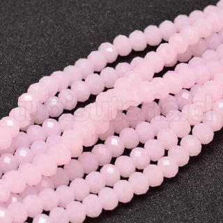 Cristal chino 4x3mm, color sólido, vidrio, facetados, rondella, color rosado, 113~115 pzs/tira.