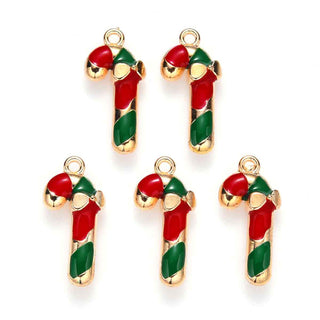 Colgantes de aleación esmaltados, bastón de navidad, 20x9.5x3 mm.