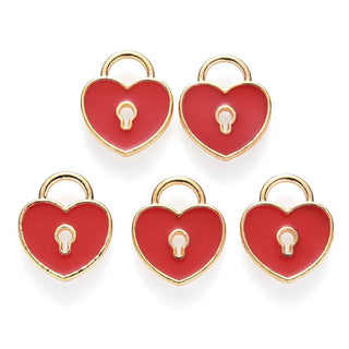 Dijes de aleación esmaltados, candado de corazón rojo. 13x11x1.5 mm de espesor, agujero: 3×4 mm.