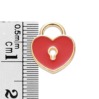 Dijes de aleación esmaltados, candado de corazón rojo. 13x11x1.5 mm de espesor, agujero: 3×4 mm.