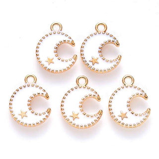 Colgantes de aleación esmaltado, luna con estrella, 2 tonos disponibles. 16x13x2 mm.