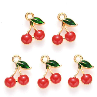 Colgantes esmaltados de aleación, cerezas en rojo vibrante. 13x12x2 mm.