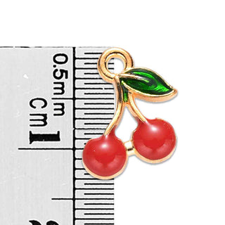 Colgantes esmaltados de aleación, cerezas en rojo vibrante. 13x12x2 mm.