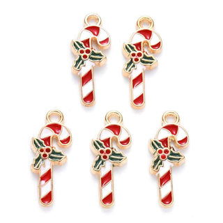 Colgantes de aleación esmaltados, bastón de navidad, 19×7.5x2mm.