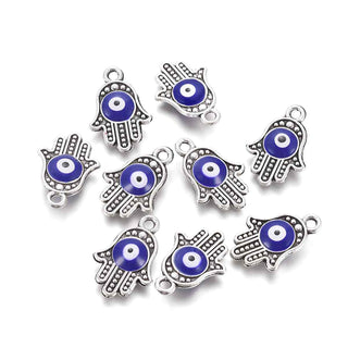 Colgantes de aleación en forma de mano Hamsa o mano de Fátima con aplicación de ojo turco esmaltado.